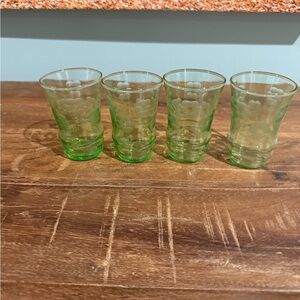 Vintage Etched with flowers  Green Shot Glasses. Excellent condition.